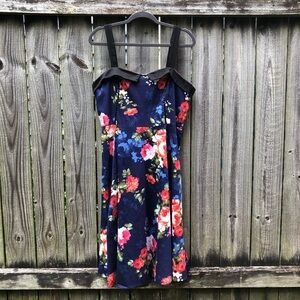 Hearts & Roses Floral Swing Dress Size 14 Navy Red Pinup Sleeveless Fit & Flare